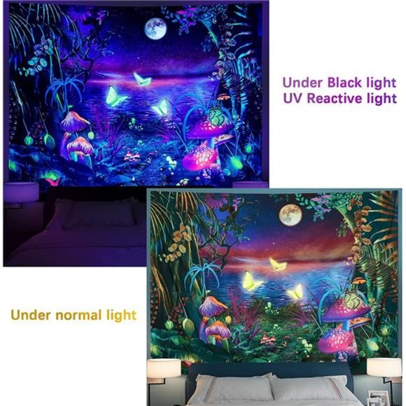 Blacklight Fantasy Forest Tapestry Aesthetic Moon Tapestry UV Reactive Butterfly - Picture 3 of 6